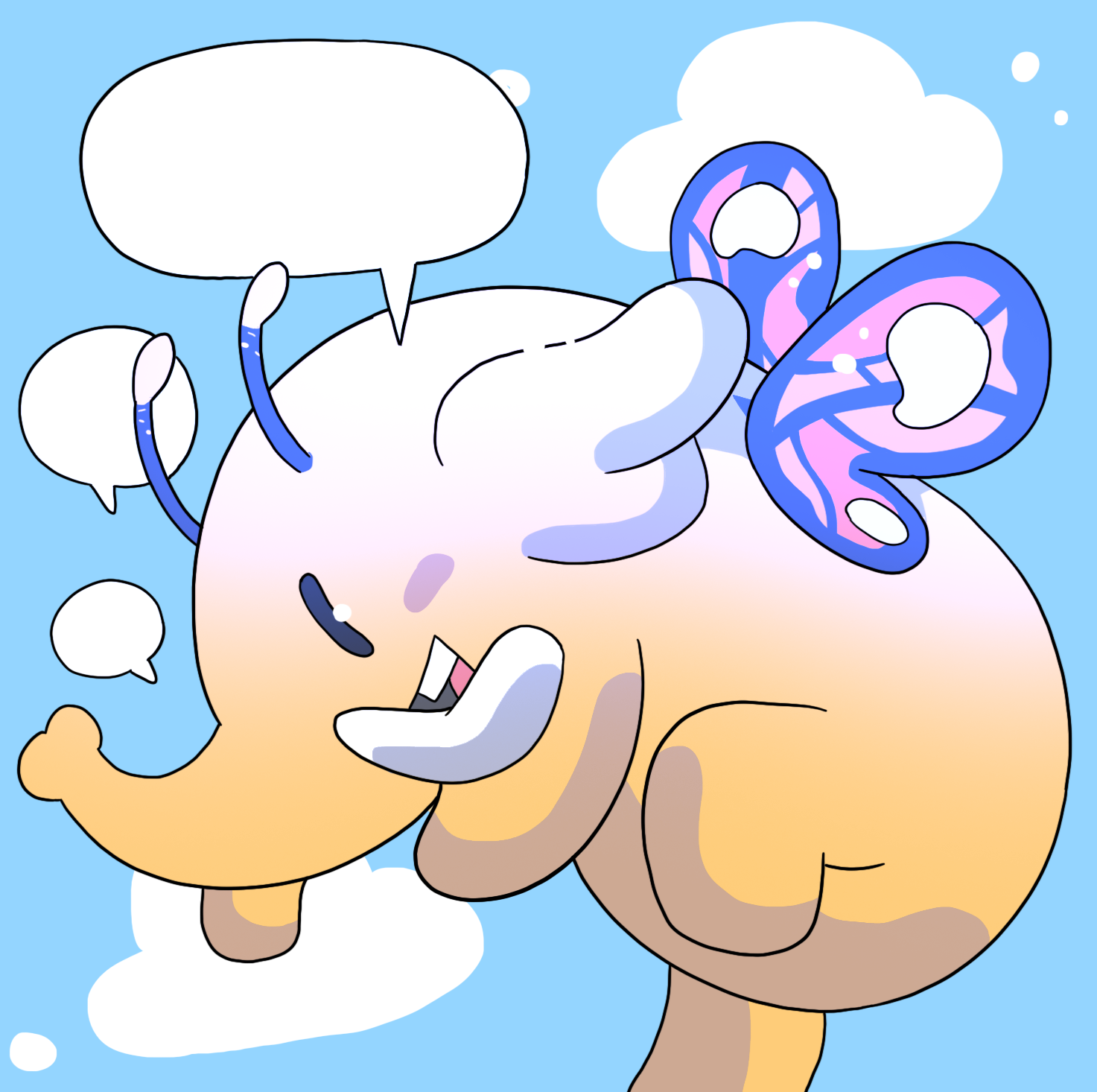A yellow version of the Mastodon mascot, with purple butterfly wings.